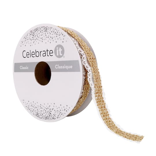 3/4&#x22; x 5yd. Faux Burlap with Lace Edging Ribbon by Celebrate It&#xAE; Classic
